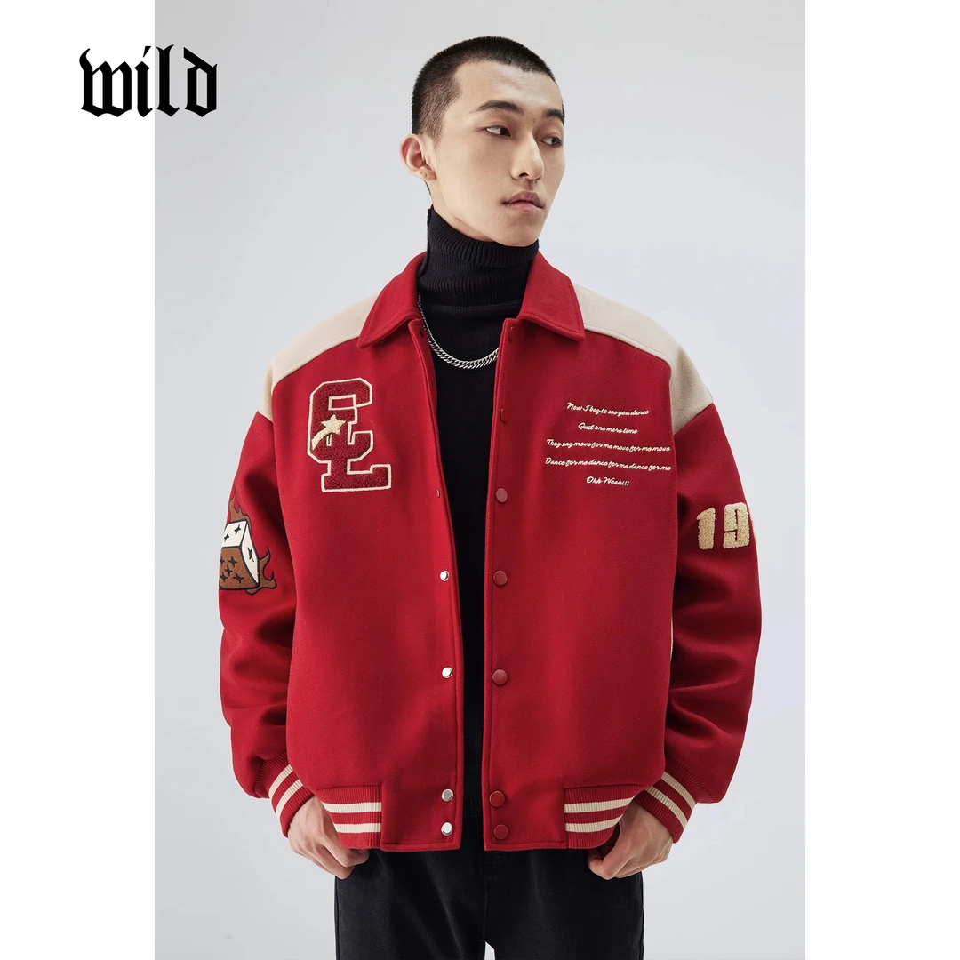 棒球服男外套 高级复古休闲翻领加厚潮流 青少年男女红色飞行外套