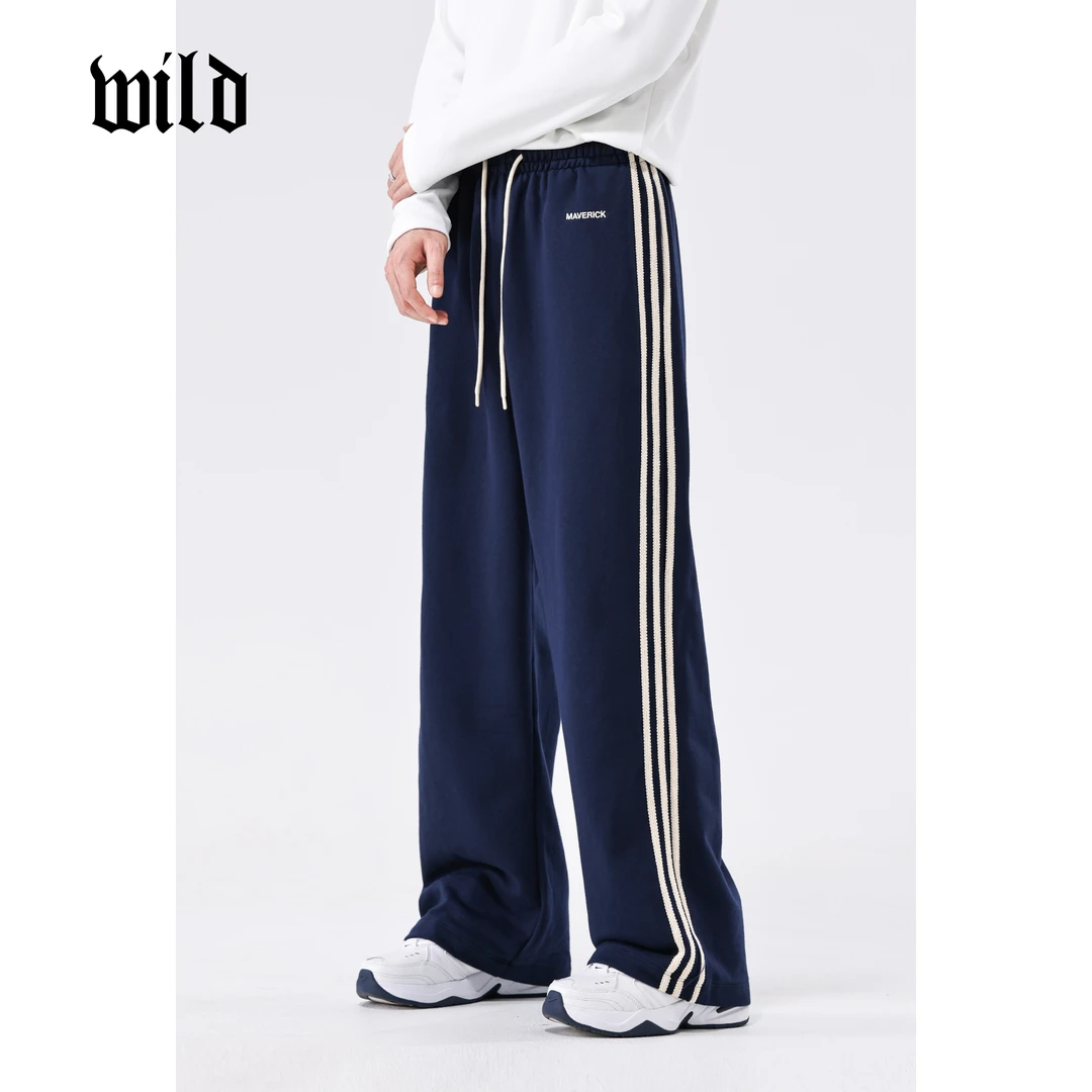 条纹休闲裤男 秋冬新款宽松运动直筒蓝色 高个子重磅垂感阔腿卫裤