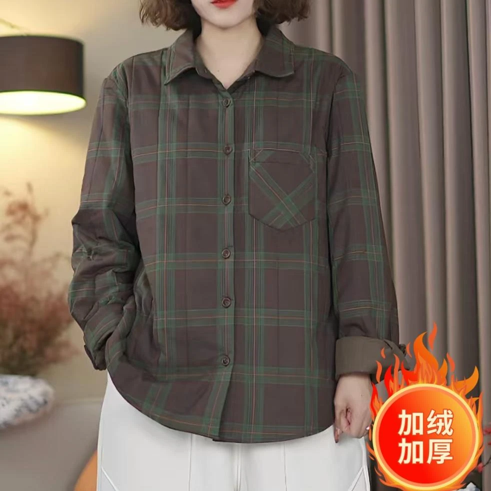 新款复古休闲百搭宽松加绒加厚翻领格纹大码显瘦长袖加棉衬衫