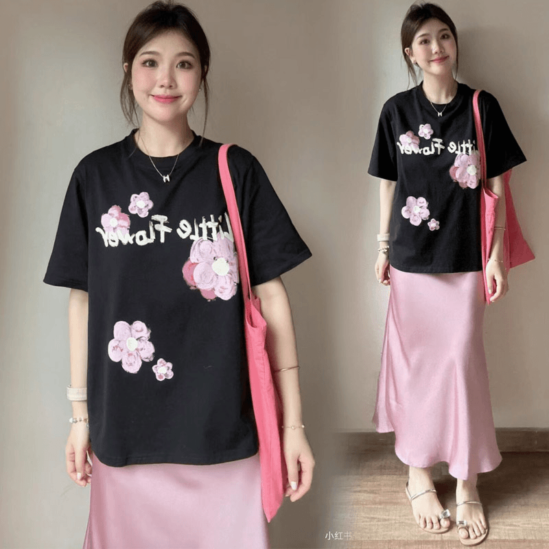 【C06】孕妇夏季套装立体花朵简约T恤+高腰半身裙宽松大码二件套