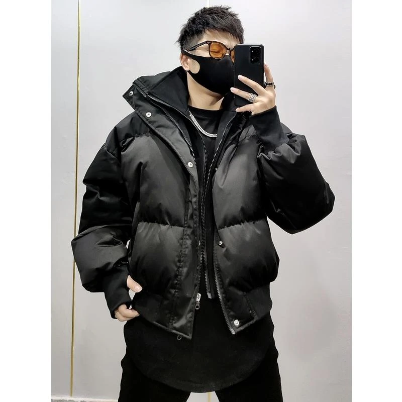 冬季2024新款韩版假两件设计痞帅纯色加厚立领棉衣男士休闲外套潮