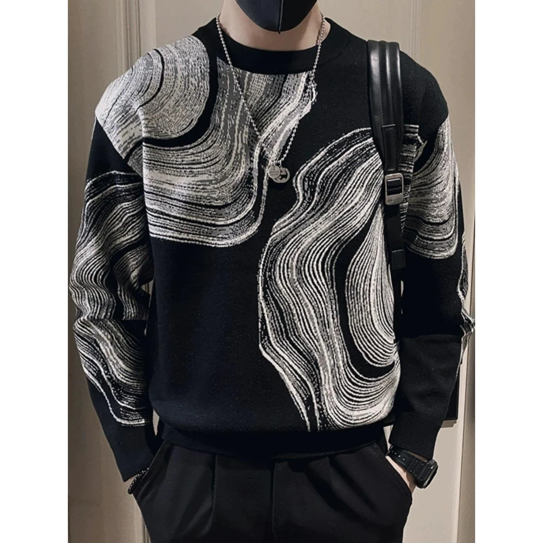 创意涂鸦毛衣男时尚提花打底衫长袖内搭2024新款秋冬装百搭针织衫