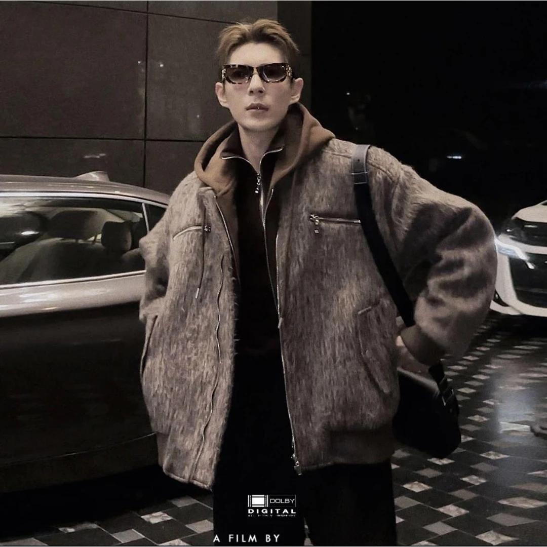 新款潮冬季假两件拼接加厚毛呢夹克男韩版潮流牌痞帅夹棉外套宽松