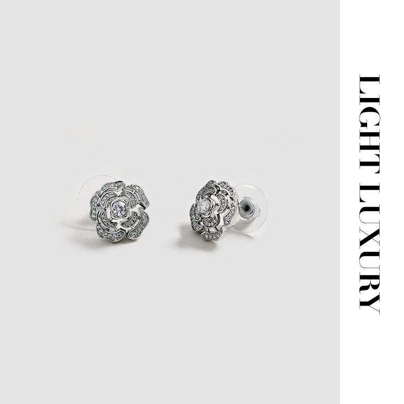 铜合金耳饰 0402363山茶花耳钉镶钻 女 设计感 耳环