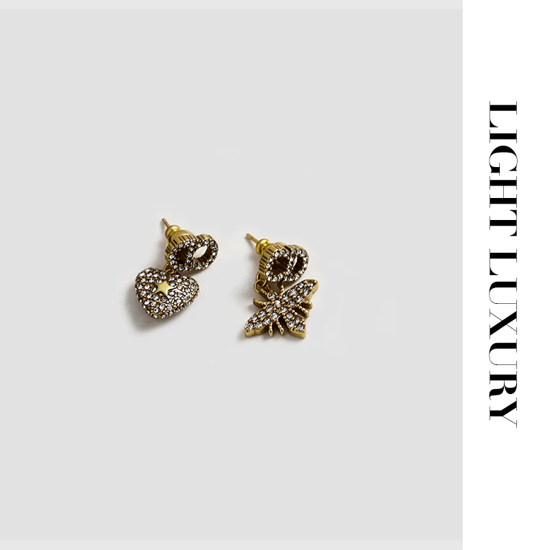 铜合金合成锆石耳饰 0539364小奥爱心蜜蜂耳钉 不对称AB款