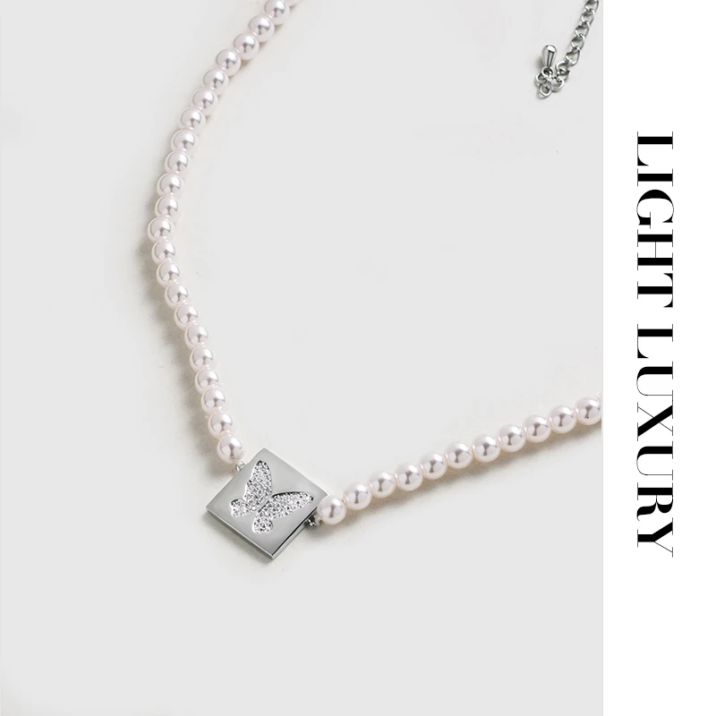 铜合金仿珍珠项链 0403358印象蝴蝶手工串珠项链 女