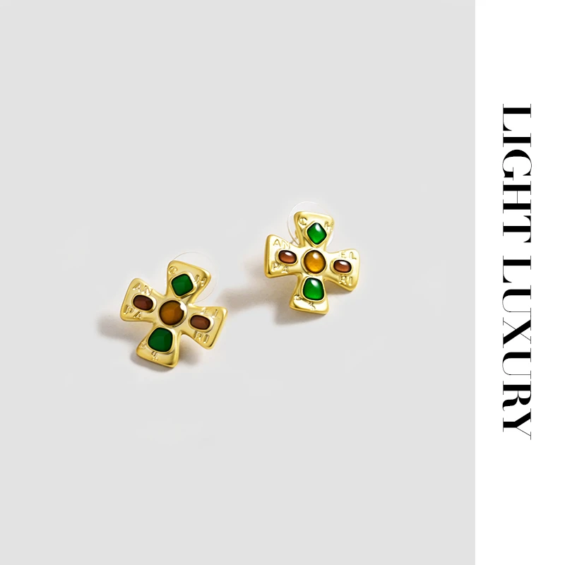 铜合金耳饰 1107363小香家中古风四叶花耳钉古法 耳环女