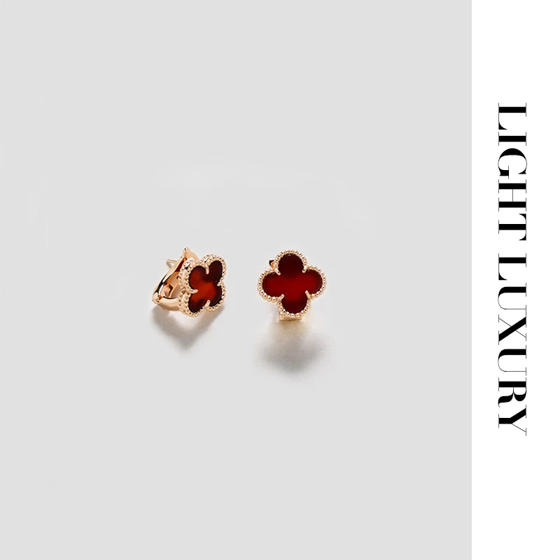 铜合金耳饰 055 红色四叶花耳钉气质 耳拍 女 高级感