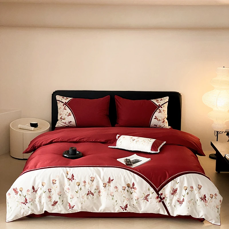 浪漫婚庆100支长绒棉四件套少女心花卉刺绣全棉被套床单床上用品4