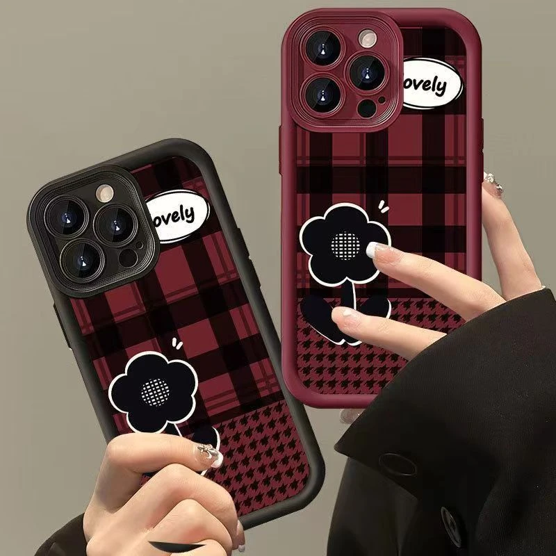 条格纹花适用苹果15pro14手机壳iphone13/12女11华为vivo小米oppo