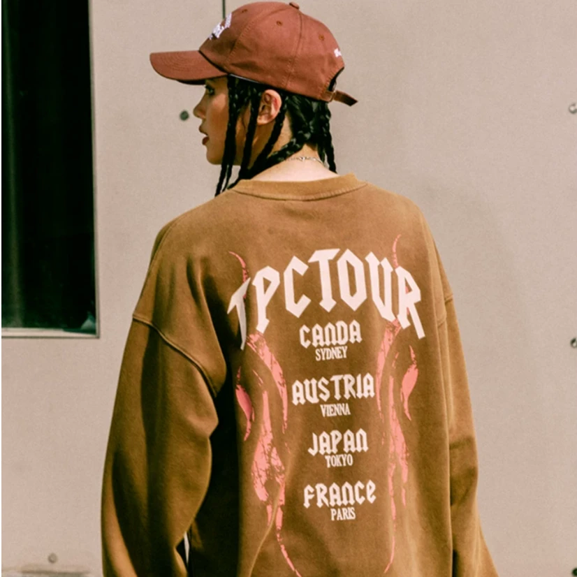 Teach Peace哥特烈焰圆领卫衣美式复古情侣男女宽松长袖T恤百搭潮