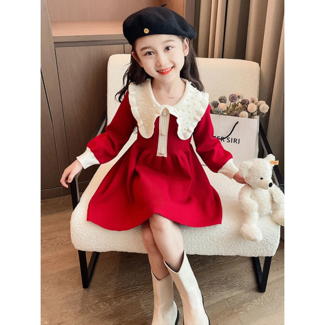 巴拉优选女童毛衣裙儿童2024新款红色冬季裙子珍珠拜年服宝宝秋