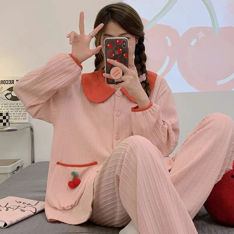 复古甜美公主风睡衣女2023年春秋季新款ins纯色长袖家居服套装