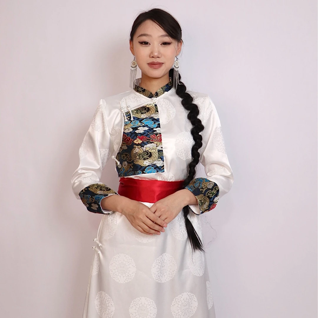 【蒙之艺】六色团花缎面拼接四季款女士蒙古袍