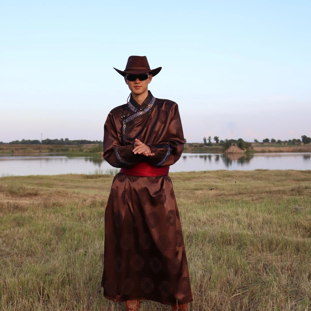 【蒙之艺】圆团五色缎面四季款蒙古族男袍蒙古袍民族演出服