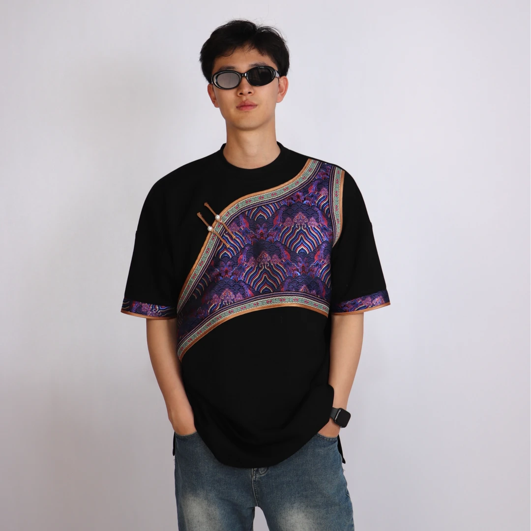 【蒙之艺双十二福利】男女同款情侣款斜襟山水拼接短袖