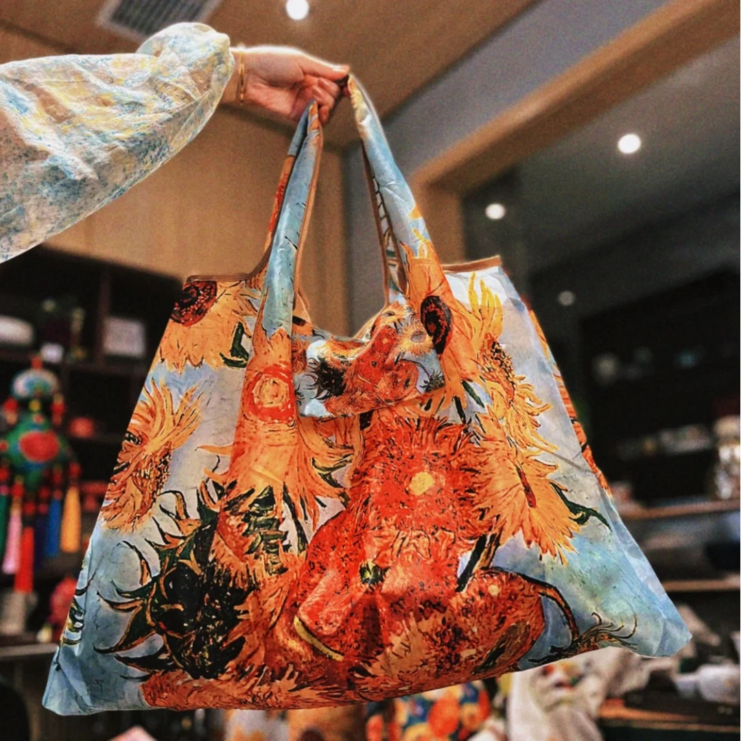 天蓝红葵油画风收纳包购物袋双面立体大容量时尚百搭单肩包收纳包