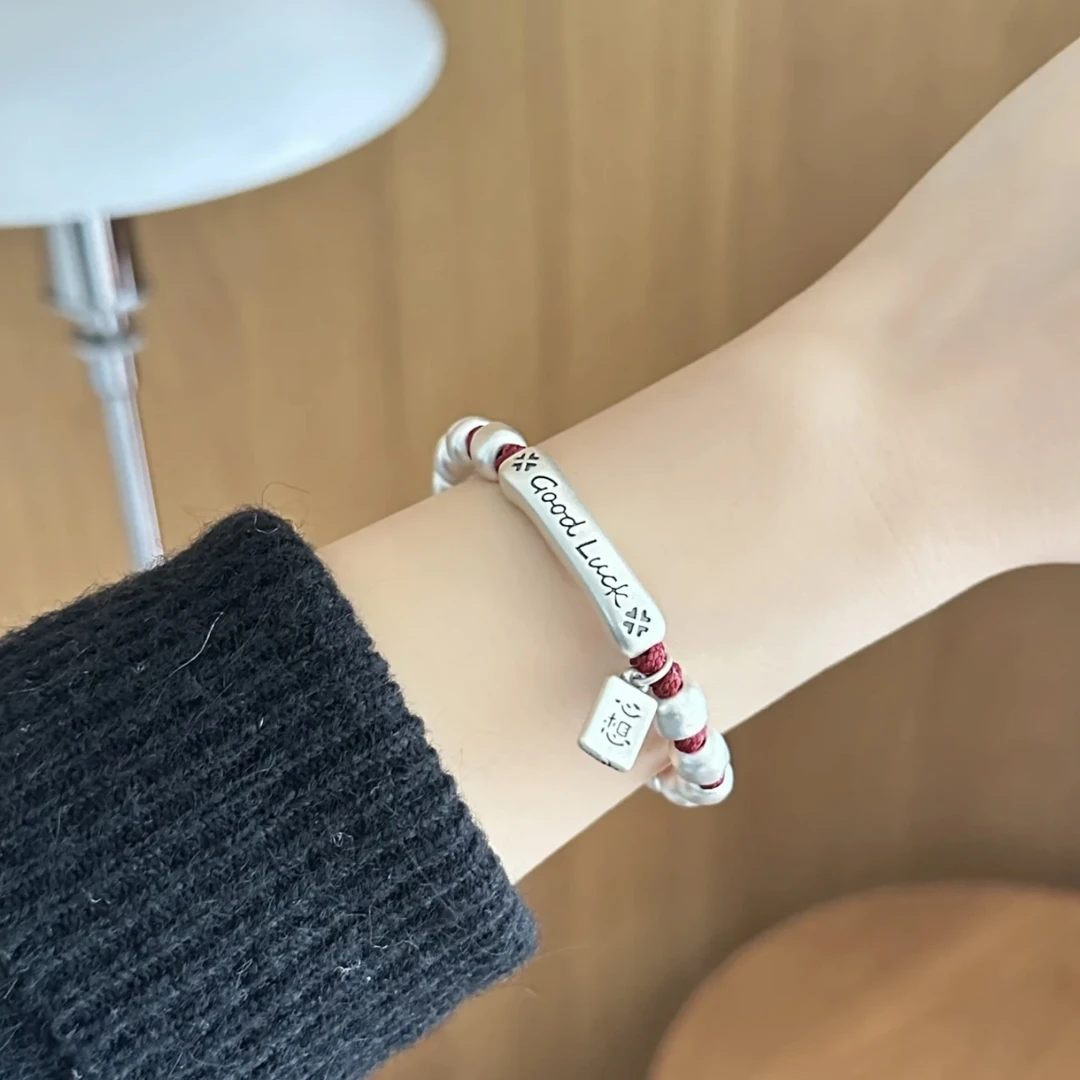 足银银制品 足银999.9good luck笑脸心想事成时尚百搭红绳手串