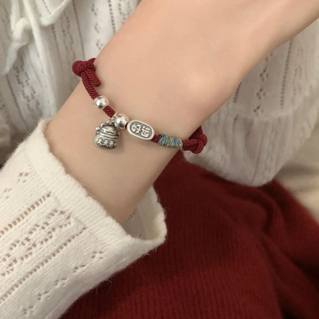 足银银制品 足银999.9 幸运红绳天天开心可爱纯手工编织手链复古