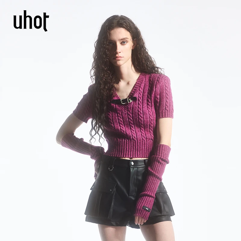 uhot/诱货紫色V领毛针织衫女个性时髦配：袖套秋冬新款 UWFA2Z016