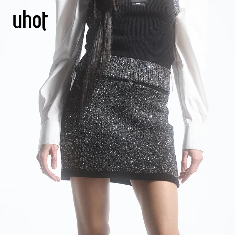 UHOT/诱货黑银色亮片针织短包臀裙女经典松紧腰显瘦时尚UWFW1Q100