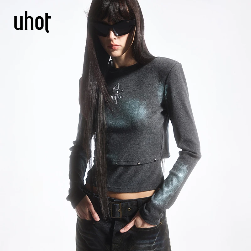 UHOT/诱货灰色金属幻彩长袖T恤上衣经典圆领女士百搭风 UWFA3T150