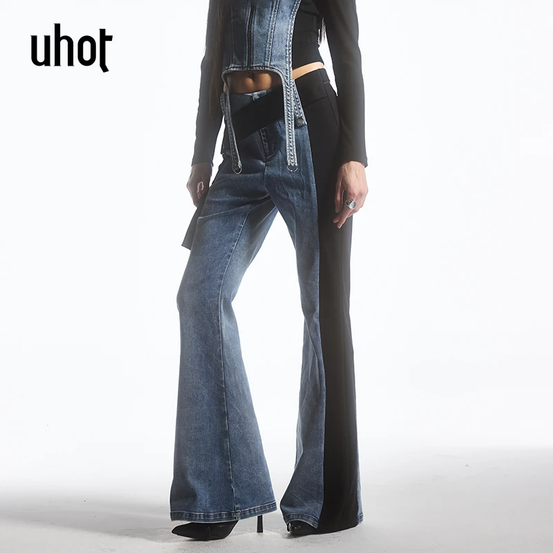 uhot/诱货 黑蓝撞色拼接牛仔长裤女时髦百搭微喇裤 UWFA1K071
