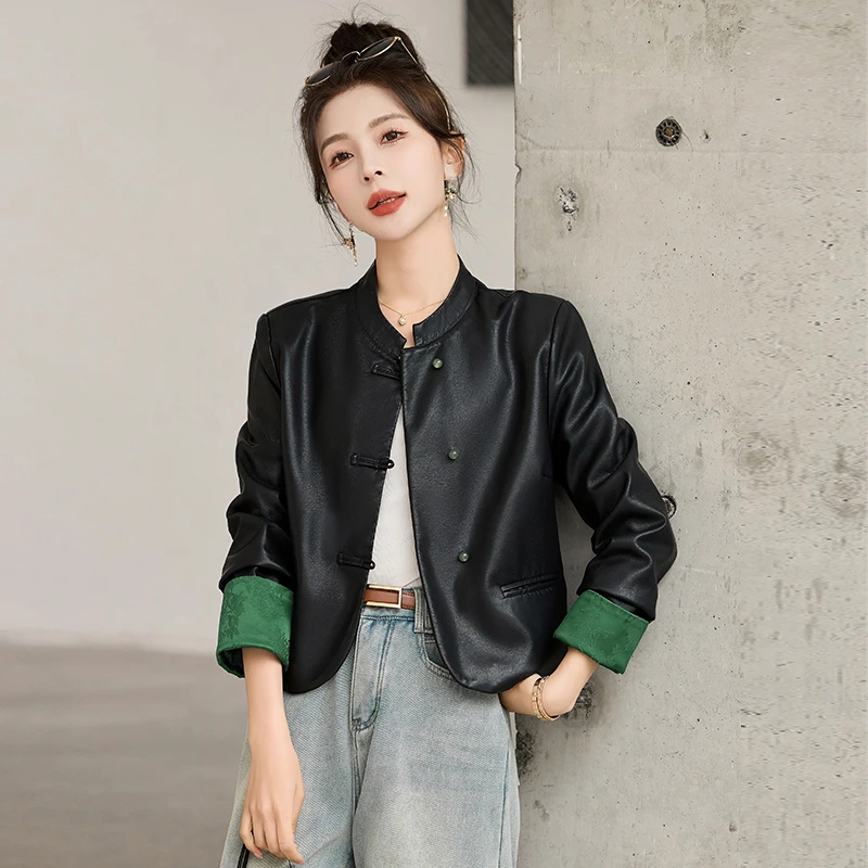 皮衣女外套短款时尚复古新中式立领2024春秋新款撞色唐装上衣休闲