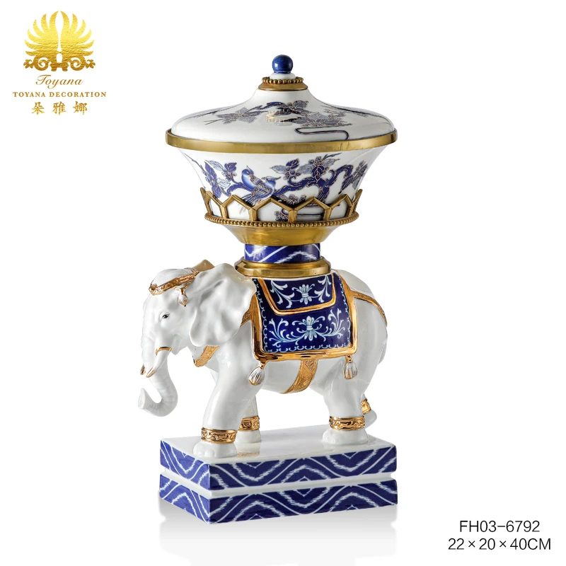 手绘青花瓷财象收纳摆件高档中法式描金黄铜陶瓷福象年轻人客厅