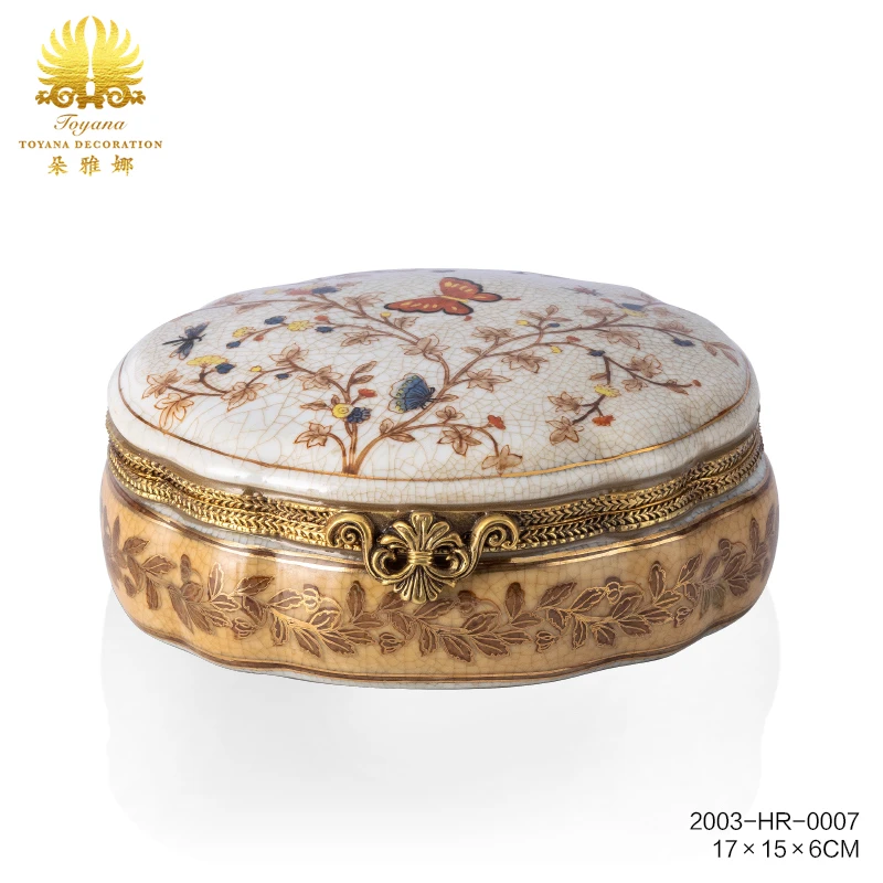 田园风稻穗蝴蝶八瓣蛋形盖盒高温陶瓷黄铜包边如意盖纽