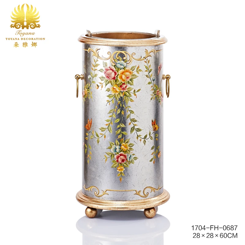 彩雕镀银木制伞桶铸铜底座黄铜把手分离式塑料内桶中式简约复古