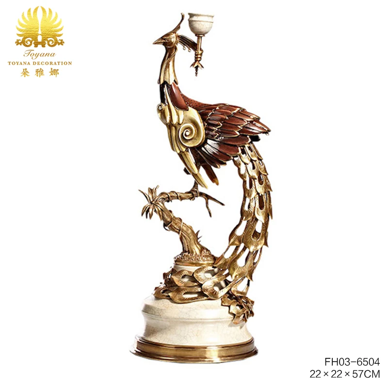 高温陶瓷凤凰烛台高档金色中式法式黄铜底座头顶陶瓷脚踩黄铜树枝