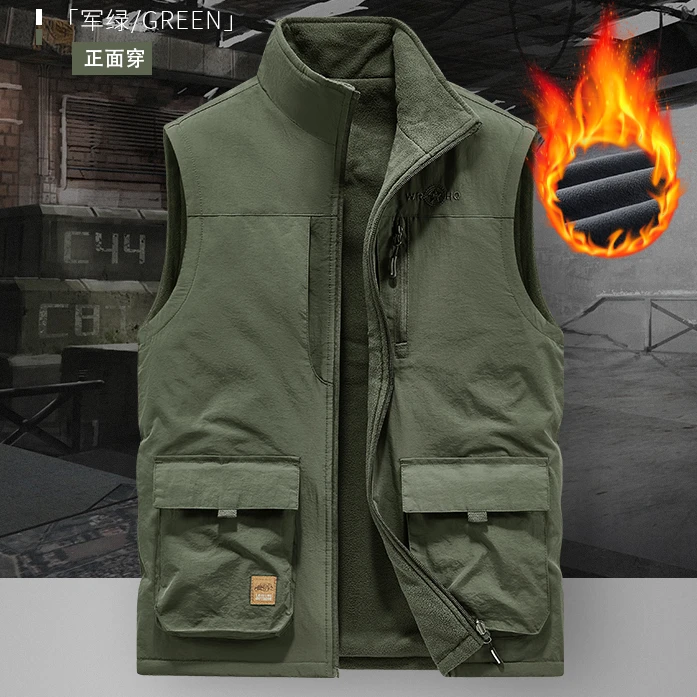 秋冬多口袋户外宽松大码马甲休闲工装摇粒绒保暖背心防风男马夹