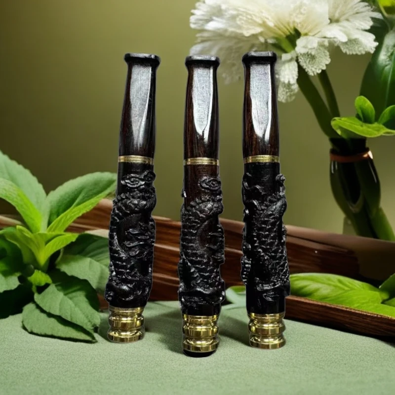 创意黑-檀木浮雕龙烟嘴粗中细三用双过滤精美实木复古根雕送长辈