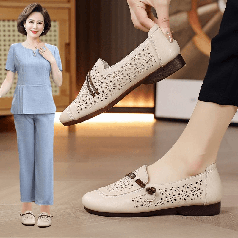 品牌专柜真皮牛皮妈妈鞋子休闲软底女鞋镂空鞋洞洞奶奶舒适防滑