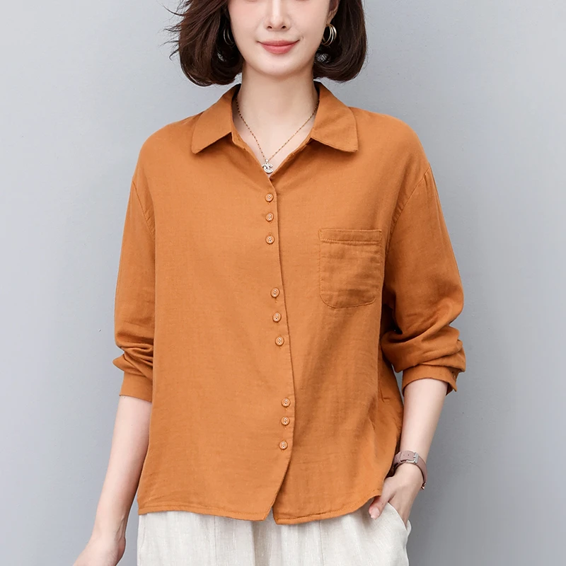 纯棉长袖衬衫女2023春秋新款宽松短款小个子薄款衬衣全棉休闲上衣