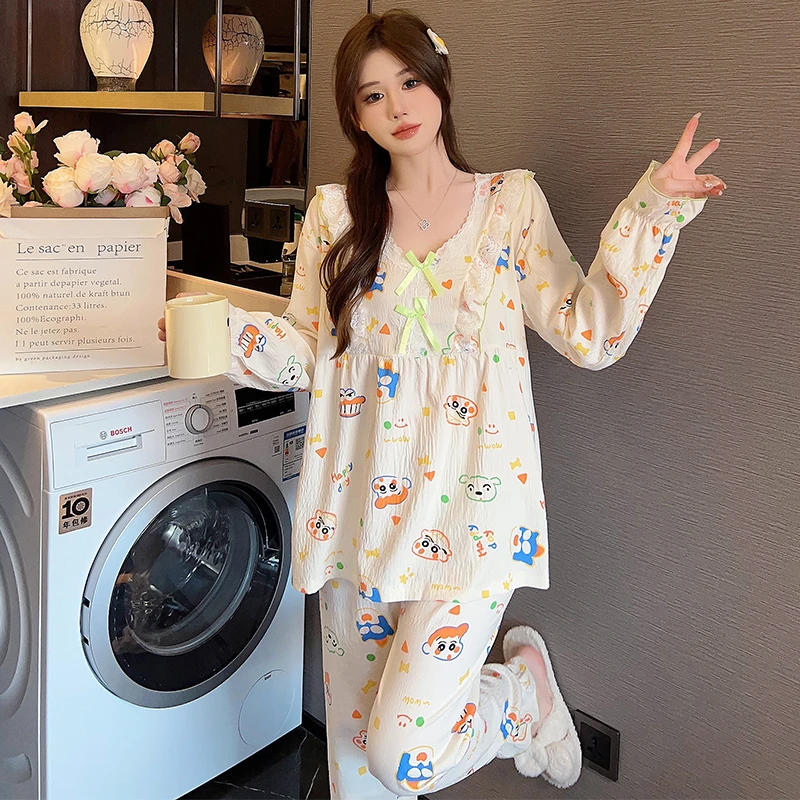 睡衣女长袖长裤春秋季趣味卡通小新印花休闲大码宽松韩版家居服