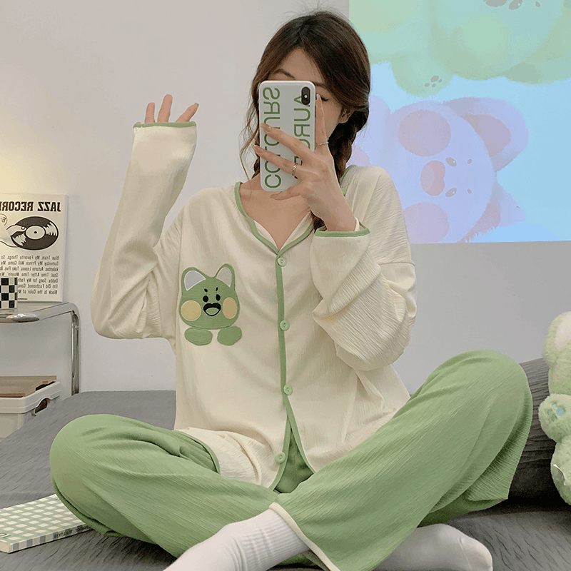 春秋季新款睡衣女大码甜美ins开衫长袖长裤加肥230斤家居服套装