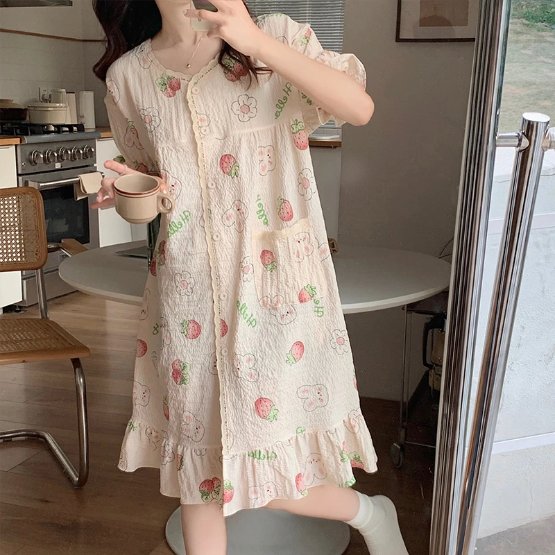 夏季大码睡衣女泡泡皱布薄款甜美时尚宽松卡通蕾丝边夏天睡裙连体