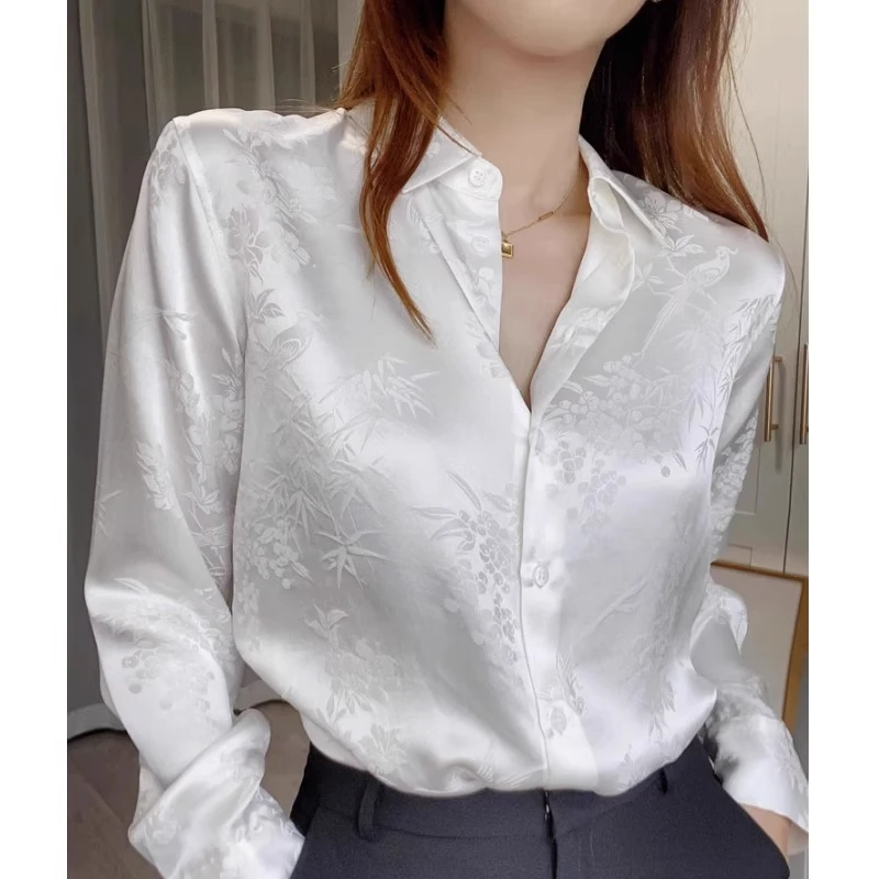 法式醋酸长袖衬衫女装2025秋季新款小众气质翻领宽松雪纺缎面上衣