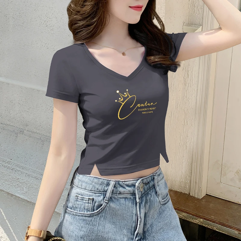 烟灰v领正肩短袖T恤女夏季设计感修身露脐体恤短款开叉上衣ins潮