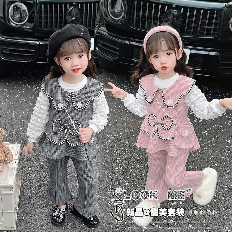 【小香风三件套送包包】女童套装秋季新款女宝蝴蝶结甜美娃娃领套装
