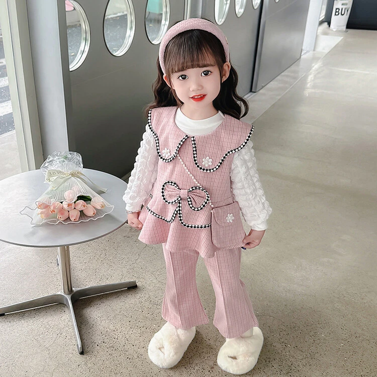 女童套装秋季【小香风三件套送包包】新款女宝蝴蝶结甜美娃娃领套装