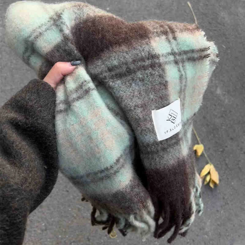 超绝~薄荷绿色圈圈纱条纹围巾秋冬女毛绒加厚保暖韩系氛围感披肩