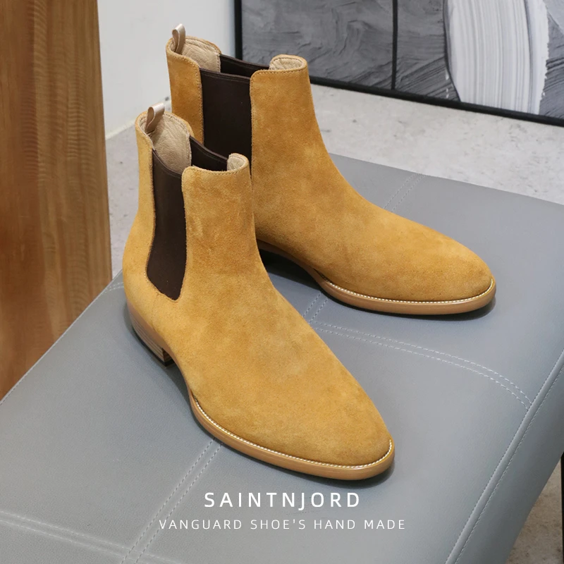 英伦尖头休闲皮靴男士真皮短靴手工鞋烟筒切尔西靴反毛驼色