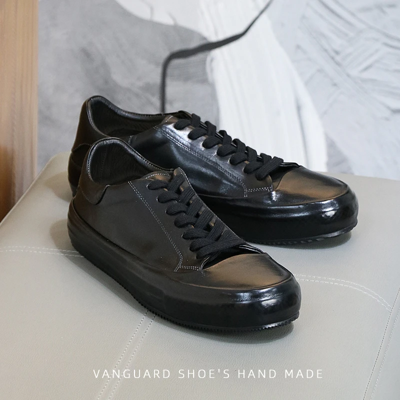 简约时尚手工板鞋运动休闲皮鞋男士真皮厚底德训阿甘小黑鞋