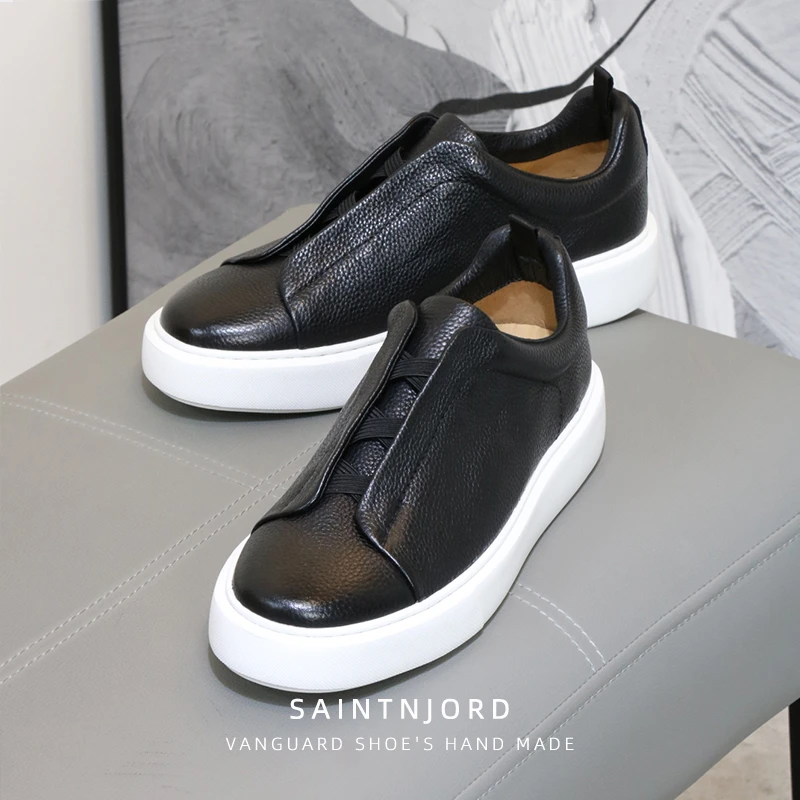 一脚蹬休闲男鞋真皮松紧套脚老爹板鞋增高厚底德训阿甘黑鞋