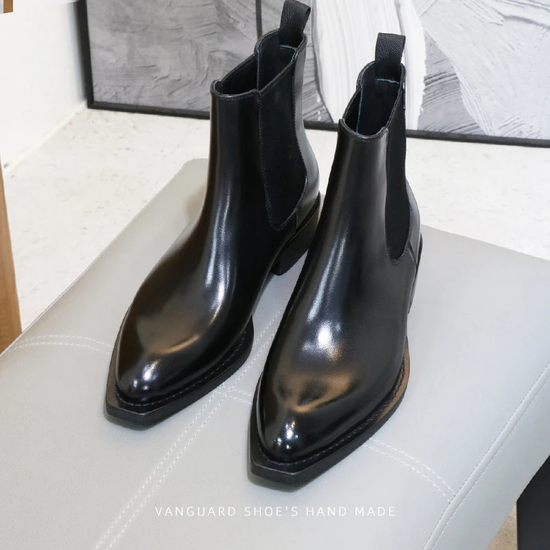 设计师款烟筒切尔西靴英伦尖头商务休闲男士真皮短靴手工鞋