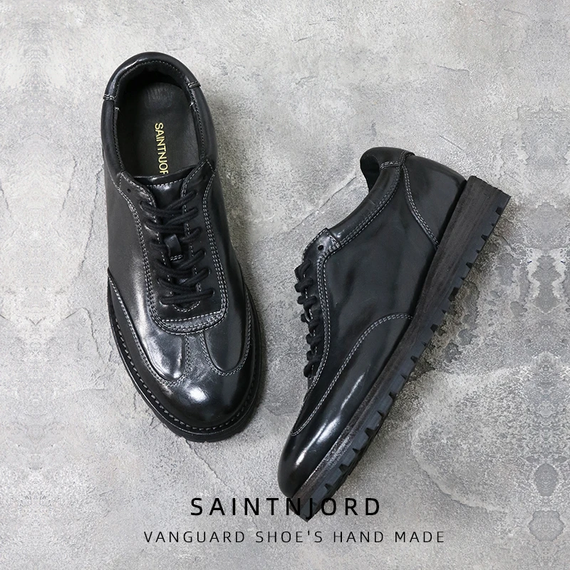 高端马皮鞋手工时尚休闲男老爹板鞋增高厚底德训阿甘小黑鞋