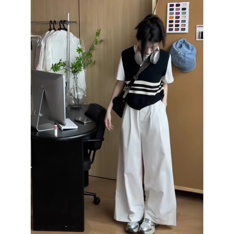 学院风撞色条纹假两件冰丝针织短袖T恤女夏季别致绝美短款小上衣